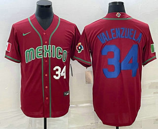 Men%27s Mexico Baseball #34 Fernando Valenzuela Number 2023 Red Blue World Baseball Classic Stitched Jersey1